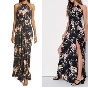 NWT Lulu's Black and Pink Floral Maxi Dress with slits - Halter neck dress XS